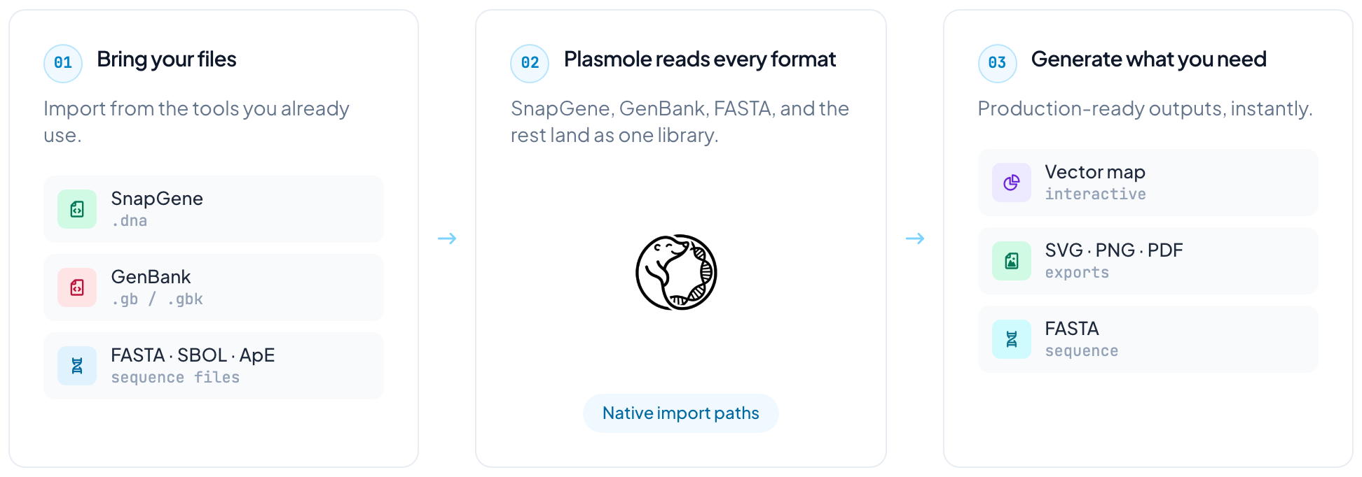 Three panels: bring your SnapGene, GenBank, FASTA, SBOL or ApE files; Plasmole reads them into one library; generate an interactive map, SVG, PNG or PDF exports, and FASTA.